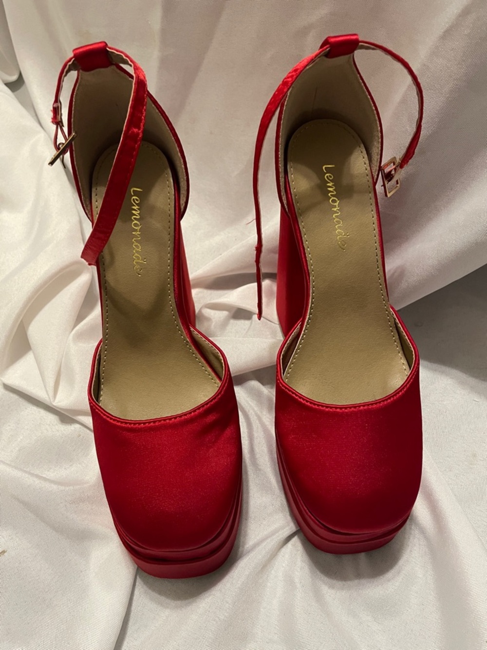 Lemonade  Red Satin Platform Ankle-Strap Heels